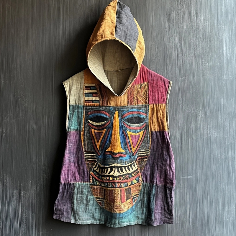 Men's African Ethnic Mask Patchwork Hooded Linen Tank Top