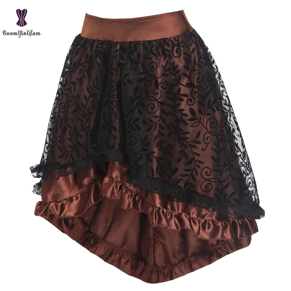 Black Women's Victorian Asymmetrical Ruffled Satin Lace Trim Gothic Skirts Vintage Corset Steampunk Skirt Cosplay Costumes 937#