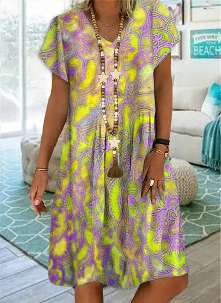 Summer New Fashion Womens Vintage Printed V-Neck Short Sleeve Casual Dress Loose Soft