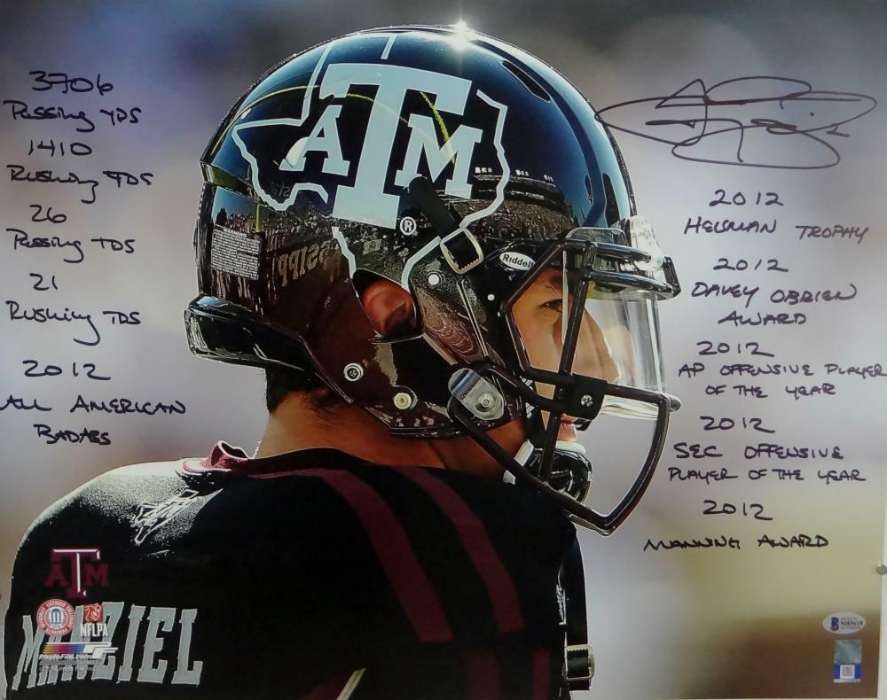 Johnny Manziel Signed Texas A&M 16x20 PF Photo Poster painting Close Up 10 Insc-Beckett W Auth