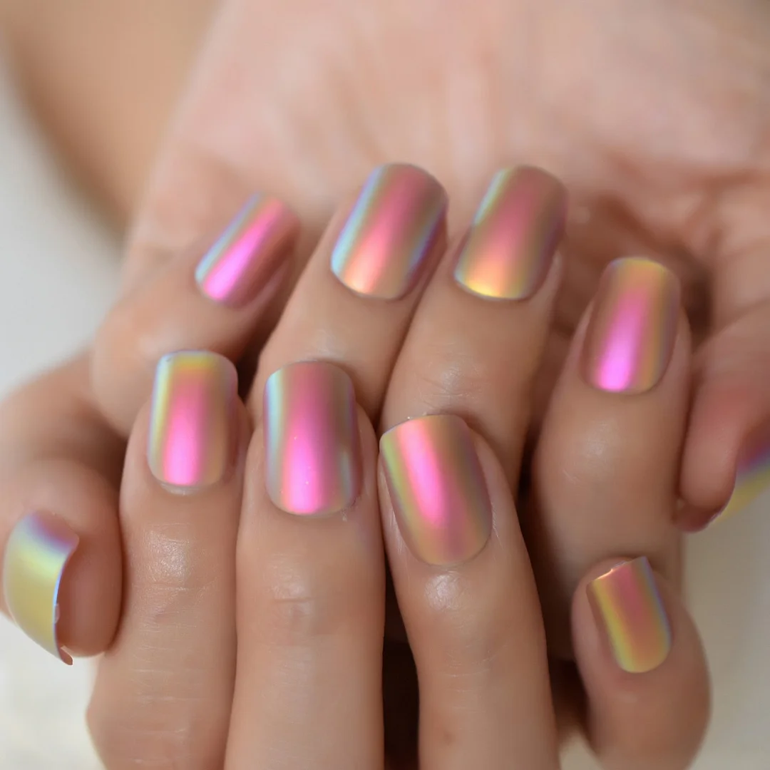 Matte Metallic Press On Nails Holographic Pink Gold Shiny Squavol False Fingernails Pure Color Manicure Tips 24-Nail Inspo