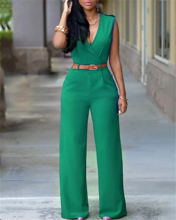 v neck solid casual short sleeve jumpsuits p265160