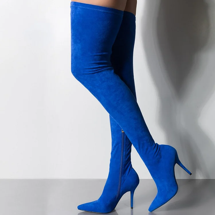 Royal Blue Vegan Suede Thigh High Heel Boots for Women |FSJ Shoes