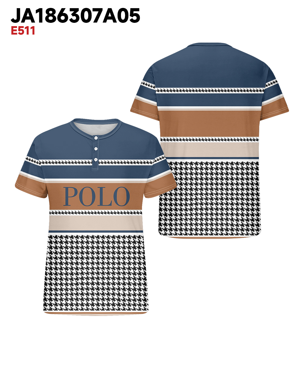 Men's Plus Size Casual Daily Blue Colorblock Houndstooth Print Henry Collar Button Short Sleeve T-Shirt