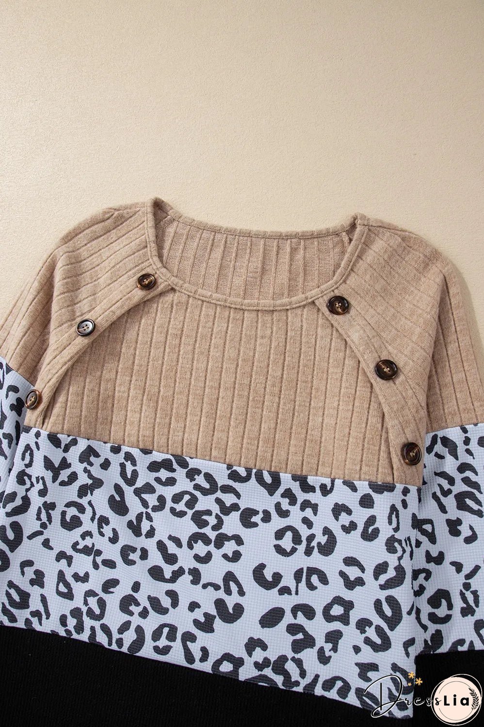 Black Cheetah Textured Patchwork Buttoned Round Neck T Shirt