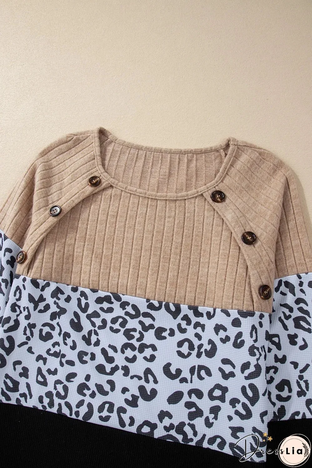 Black Cheetah Textured Patchwork Buttoned Round Neck T Shirt