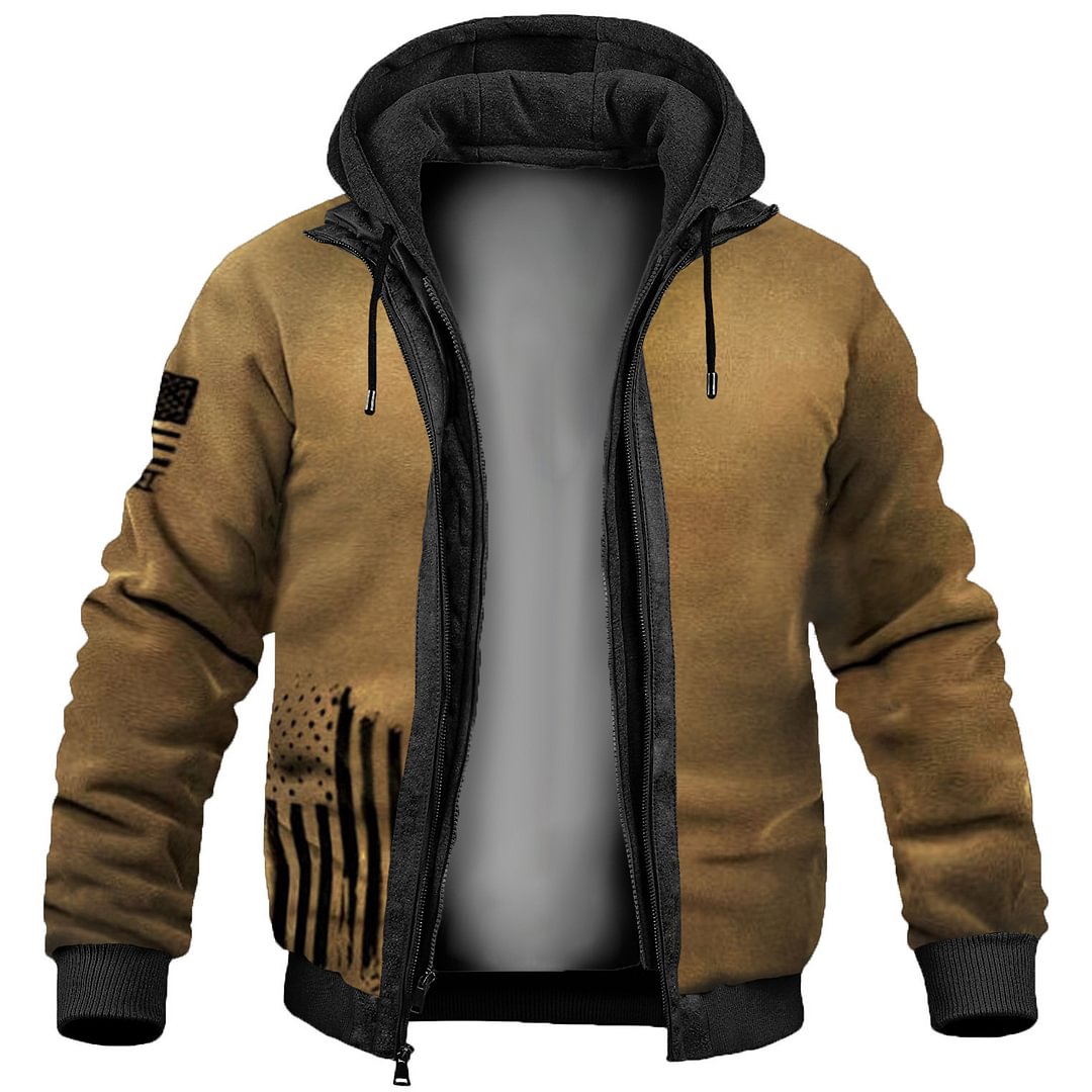 Men's Retro American Flag Printed Warm Fleece Hooded Jacket-Compassnice®