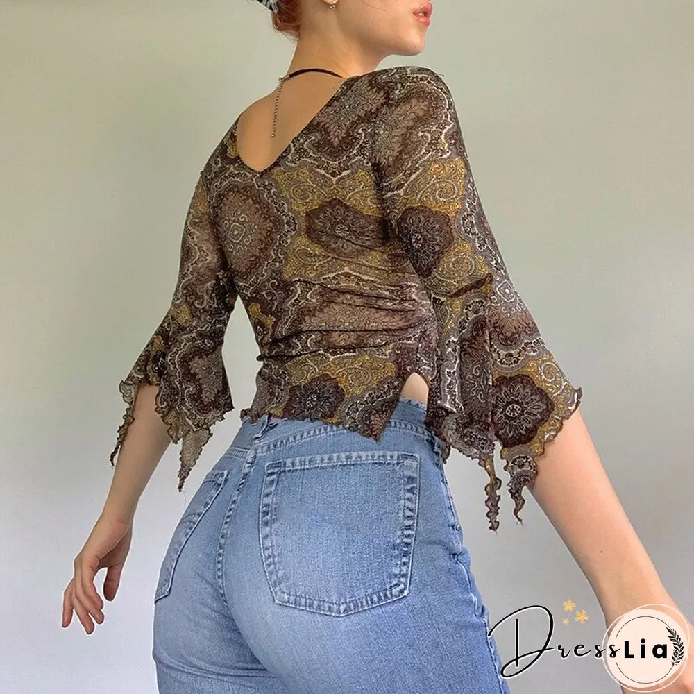 Autumn Lace Floral Mesh Tops Women Vintage Half Flare Sleeve Neck T-Shirts Female Elegant