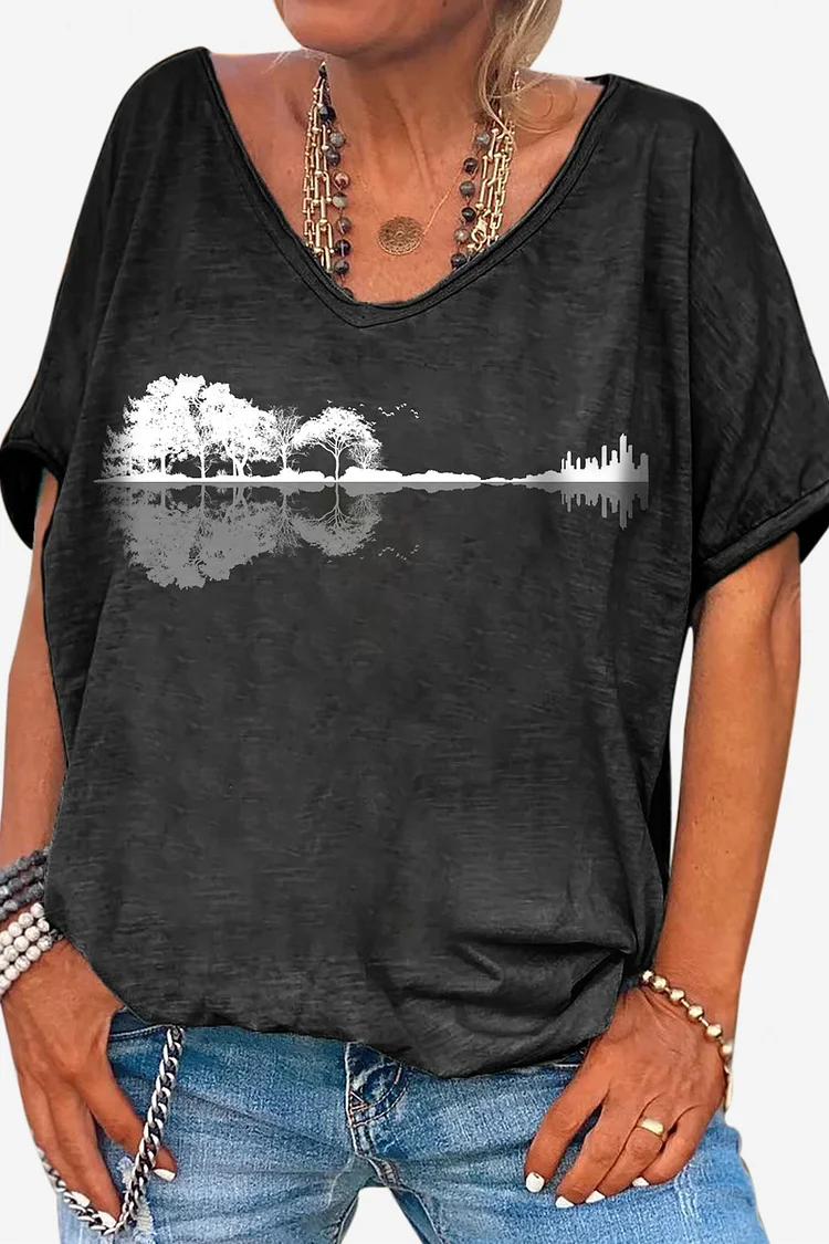 Short Sleeve Printed Black Linen T-Shirt