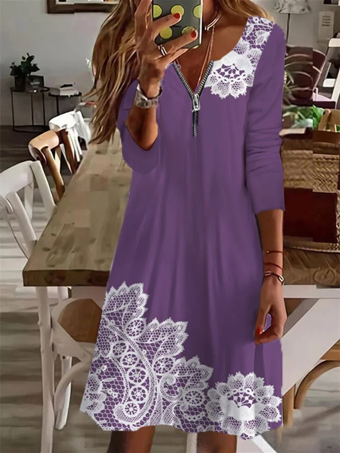 Women's Long Sleeve V-neck Graphic Midi Dress