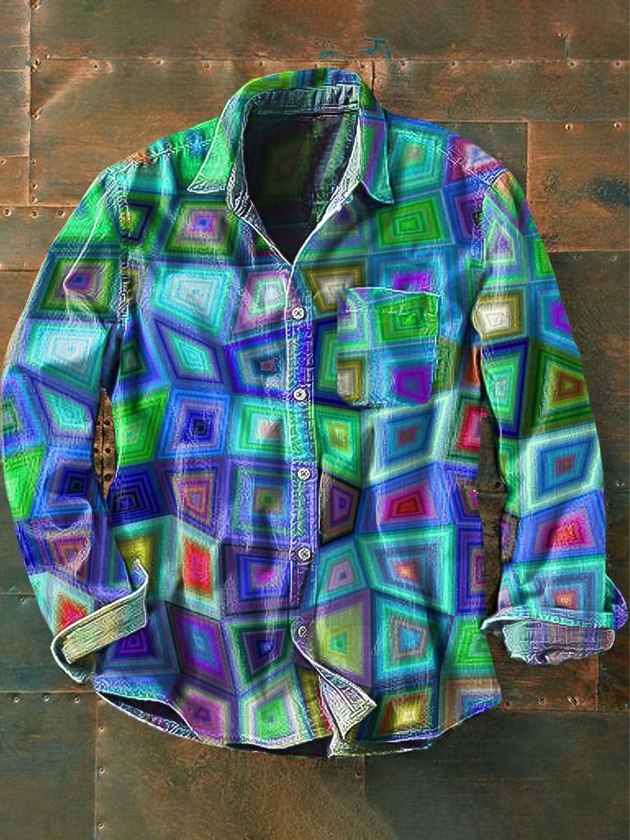 Men's Retro Dazzle Abstract Print Casual Lapel Long Sleeve Shirt