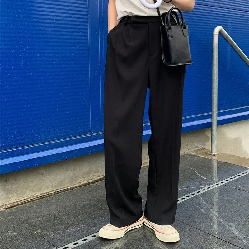 UForever21 Korean Fashion Summer Suit Pants Straight Trousers Women Vintage Solid Color Loose Casual Wide Leg Long Pant 2022 New Fashion