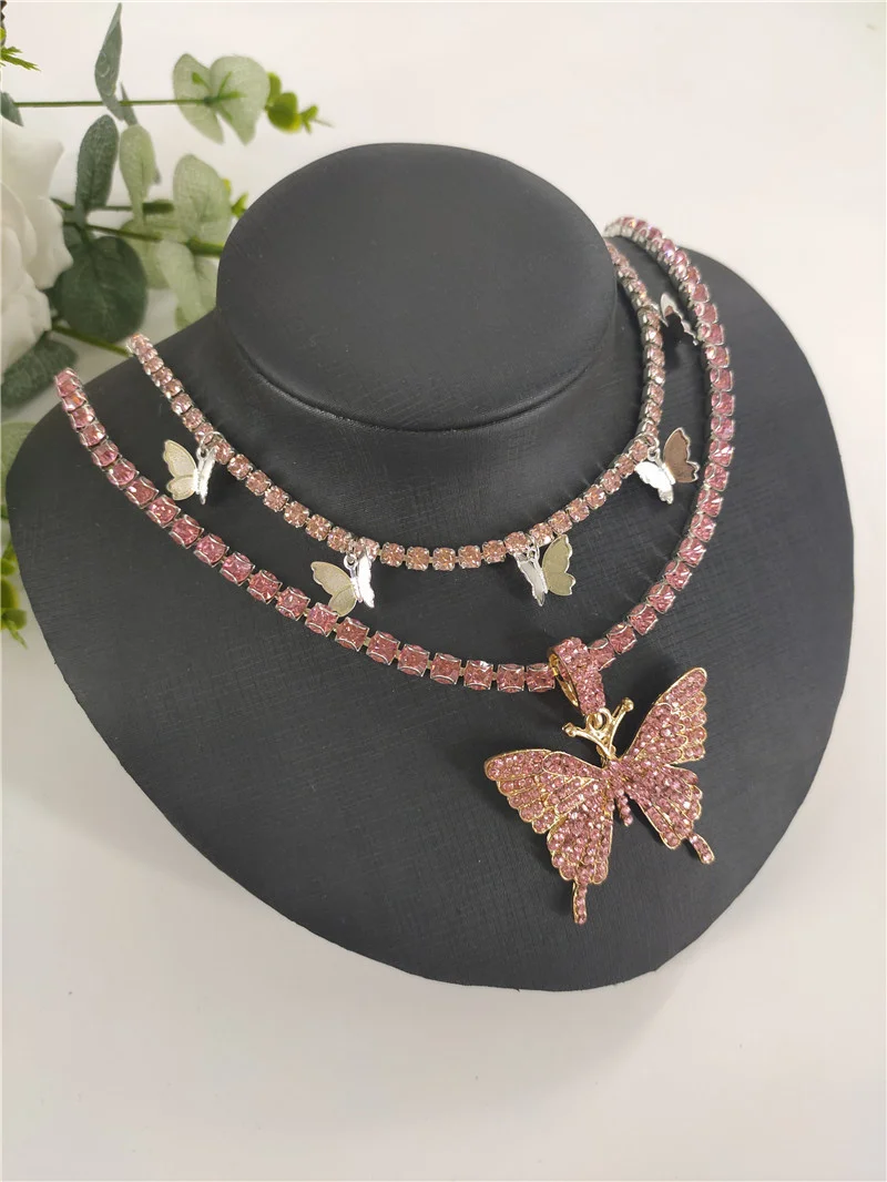 Personalized Butterfly Rhinestone Double Diamond Chain Necklace