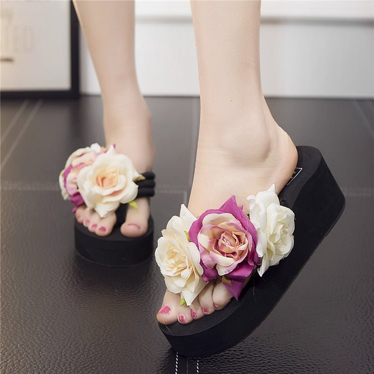 Ladies Slippers Summer Flip Flop Flowers decoration Female Flip flops High heels EVA Flip flops Bohemia Beach Slippers Shoes