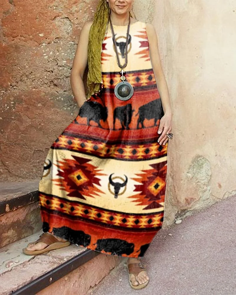 Casual Crew Neck Printed Sleeveless Dress