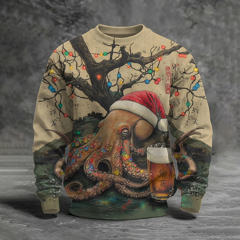 Men's An Octopus Is Drinking Beer Under A Tree With Christmas Lights Art Print Casual Sweatshirt elevenforest