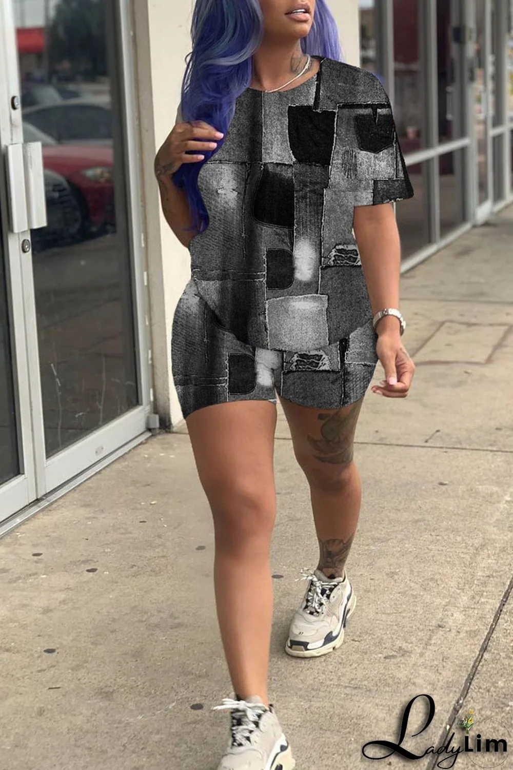 Black Casual Print Patchwork O Neck Short Sleeve Two Pieces