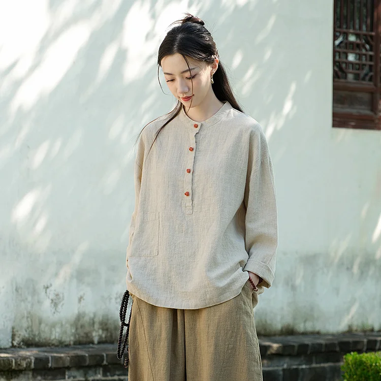 Traditional Cotton Linen Solid Color Blouse