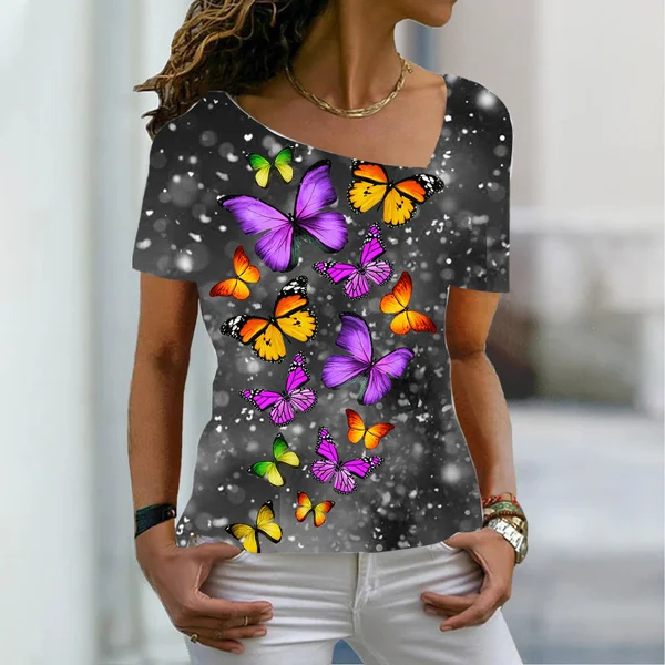Women's 3D Print Butterfly Graphic Patchwork Print Short Sleeve T-Shirt V-Neck Basic Top Plus Size XS-8XL