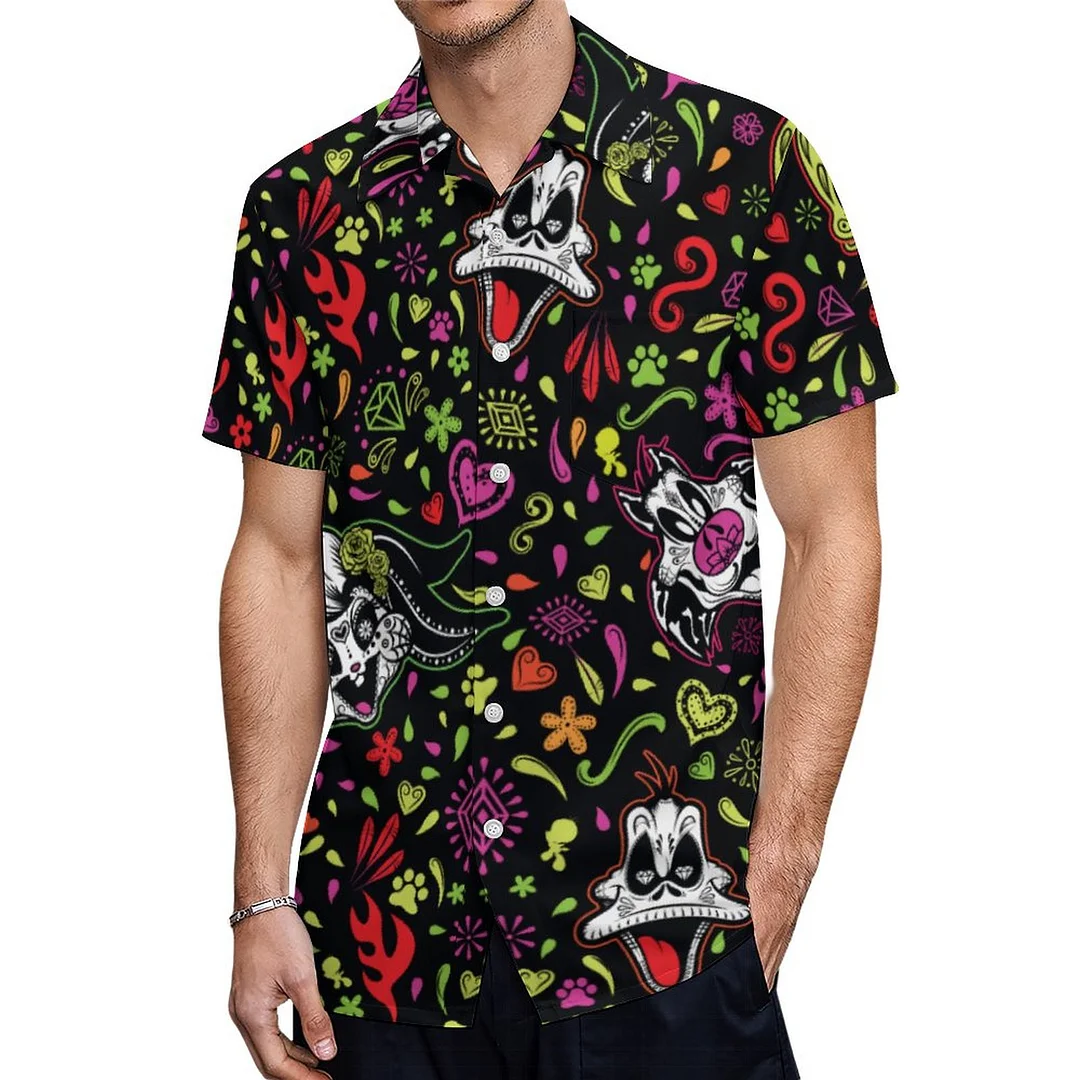 Short Sleeve Dia De Los Muertos Looney Tunes Hawaiian Shirt Mens Button Down Plus Size Tropical Hawaii Beach Shirts