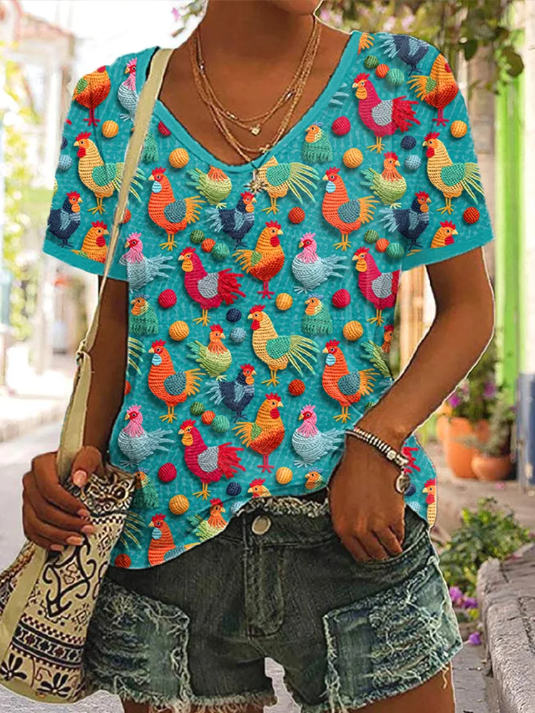 Comstylish Chicken Embroidery Art Cozy V-neck Short Sleeve T-Shirt