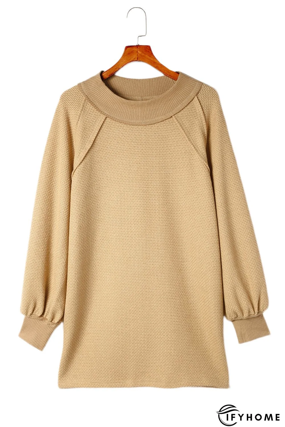 Khaki Waffle Knit Patchwork Oversized Pullover Sweatshirt | IFYHOME