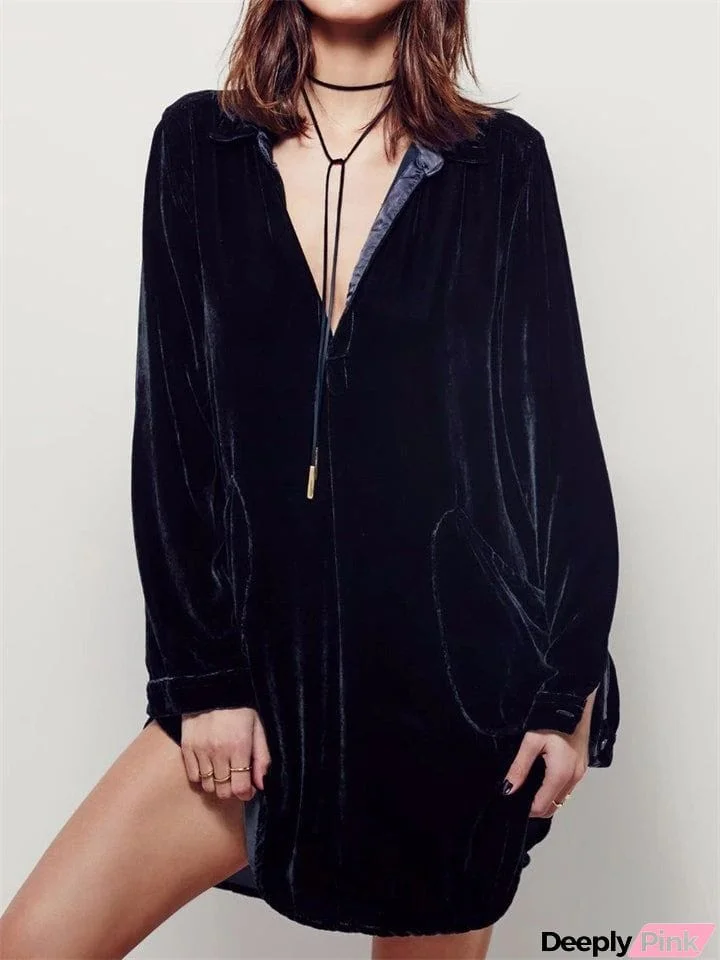 Women's Velvet Sexy V Neck Irregular Hem Mini Shirt Dress