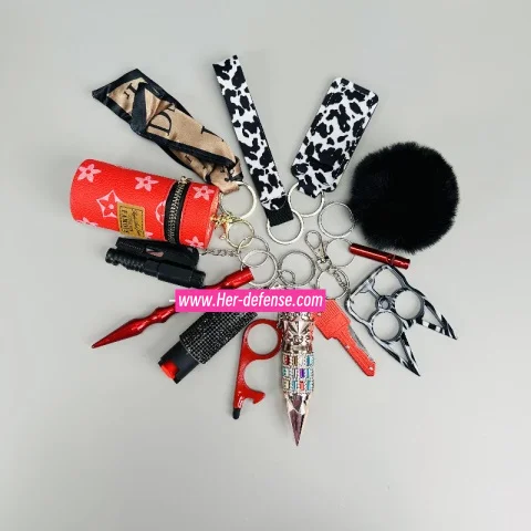 Premium 12-in-1 Fashion Self Defense Keychain Set (Dairy cattle,Leopard print, Sunflower, Chrysanthemum, Camouflage, Flamingo, Kisskiss)