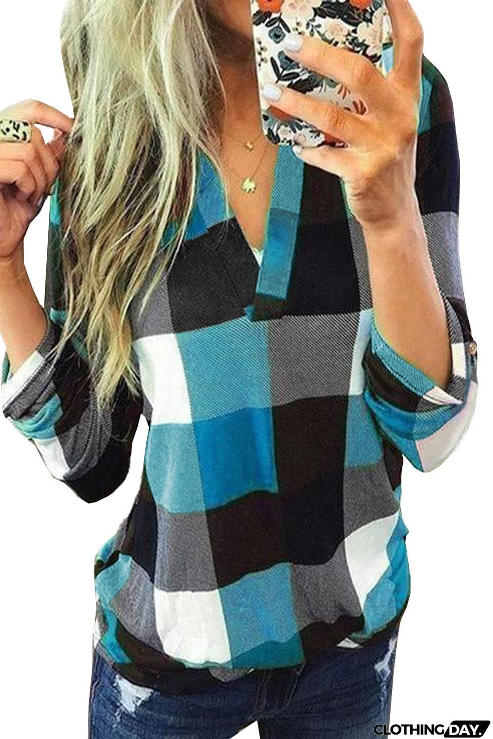 Contrast Plaid V Neck Long Sleeve Top