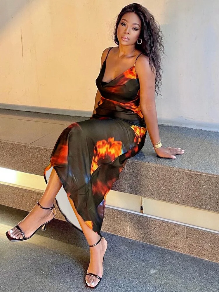 WannaThis Women Vintage Dress Fire Print Backless Elegant Sleeveless Lace Up Summer 2021 Streetwear Party Female Midi Cami Dress