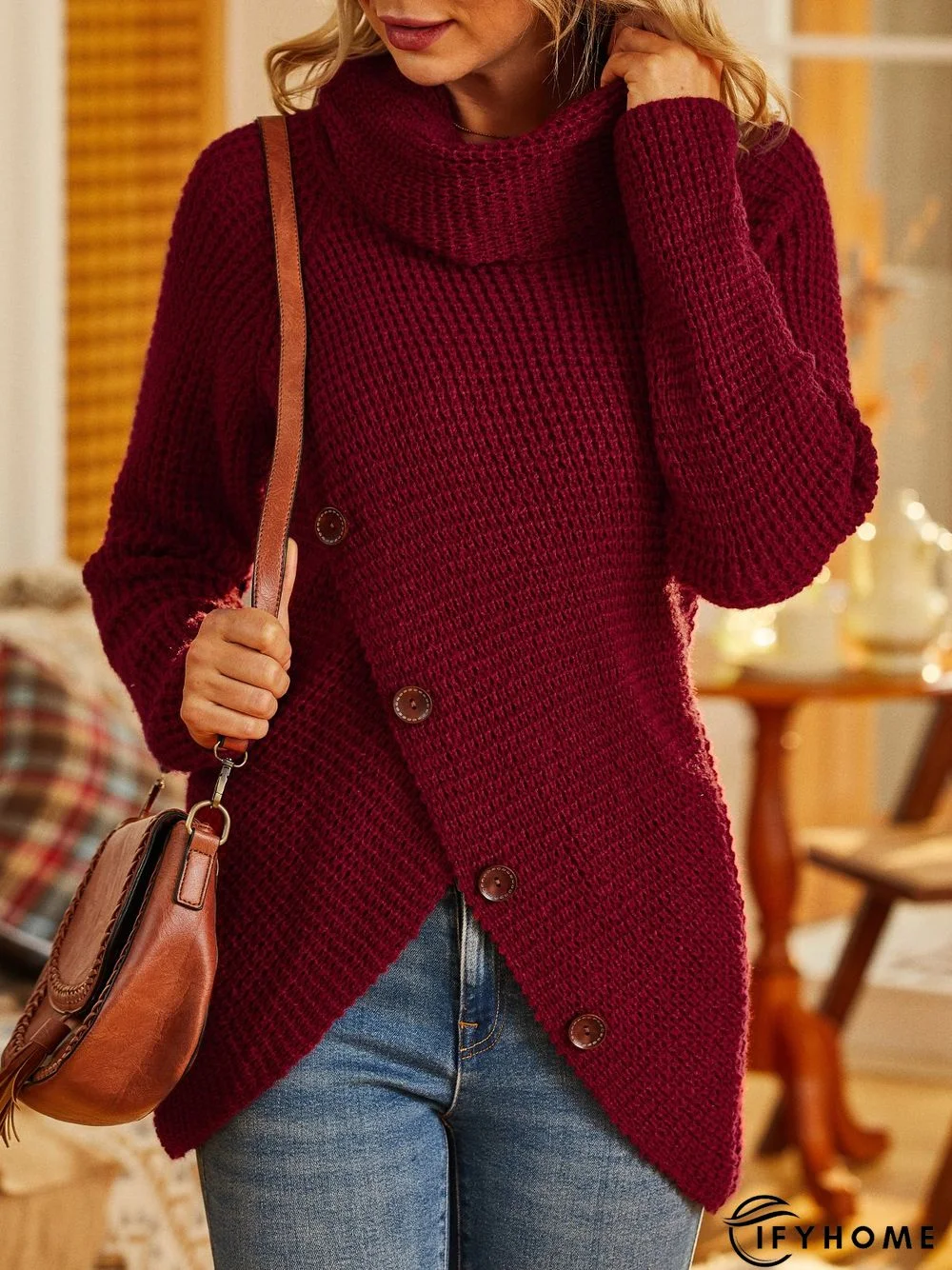 Solid Cowl Neck Long Sleeve Casual Sweater | IFYHOME