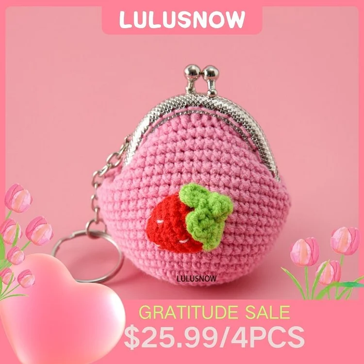 Lulusnow Handmade Pink Strawberry Crochet Coin Purse Keychain Bag Pendant Gift for Her/Friend/Kids/Christmas/Easter