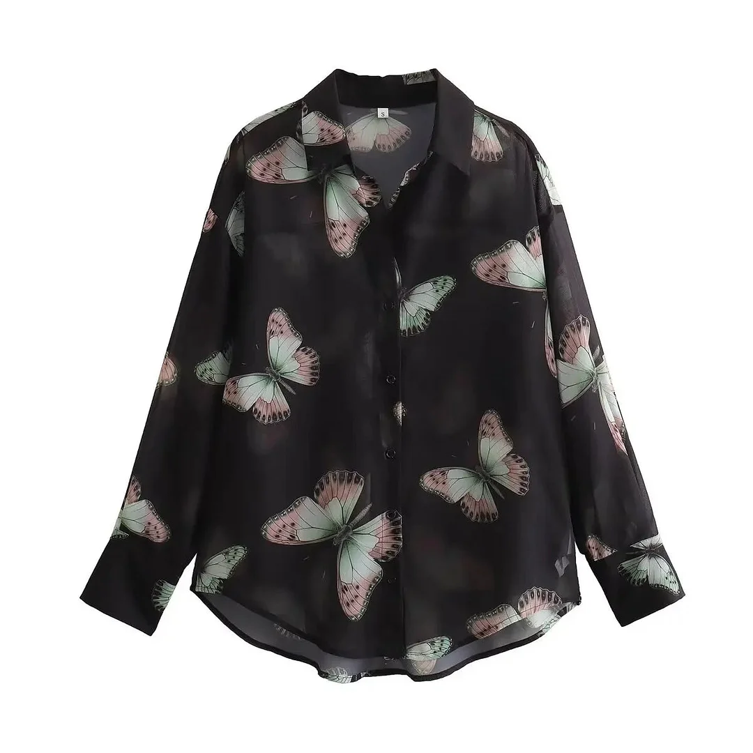 Tlbang New 2024 Women Butterfly Print Shirt Long Sleeve Lapel Collar Ladies Casual Chiffon Blouse Loose Blusas Mujer