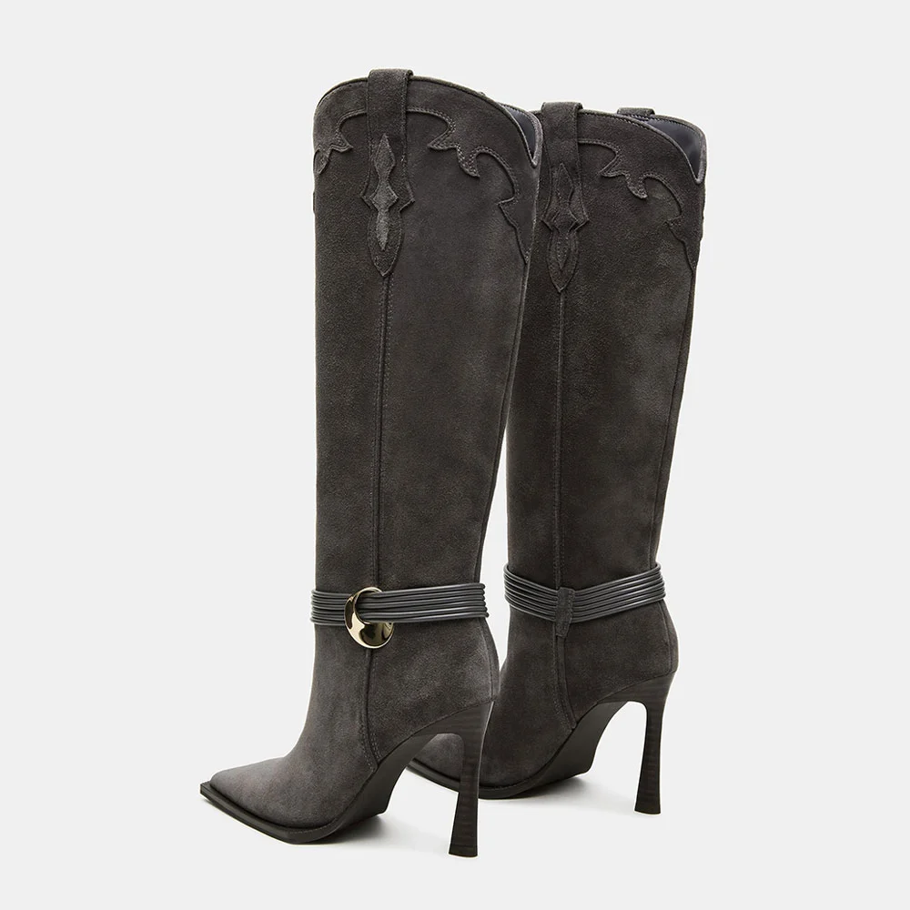 Gray Pointed Toe Patchwork Edge High Heel Western Boots for Women