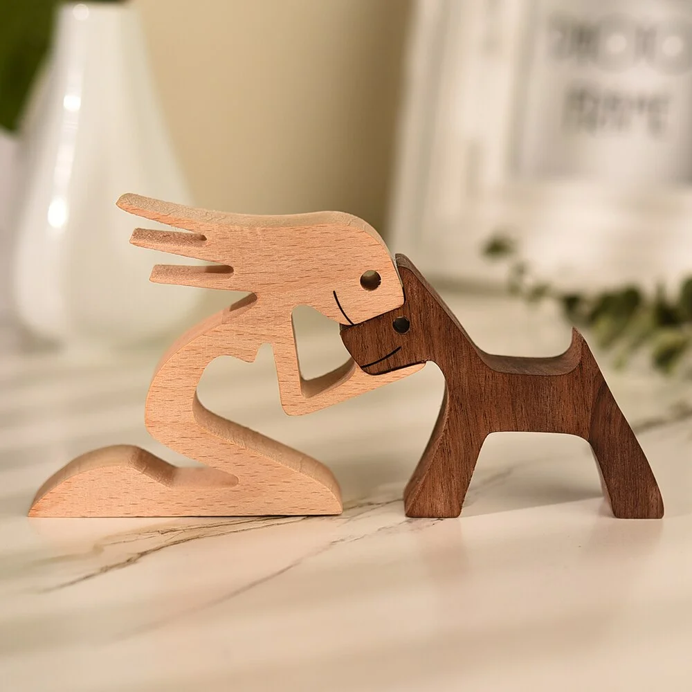 New Wooden Cat Figurines Dog Art Craft Small Carving Samll Animal Ornament Woman Man And Puppy Office Decoration Couple Gift