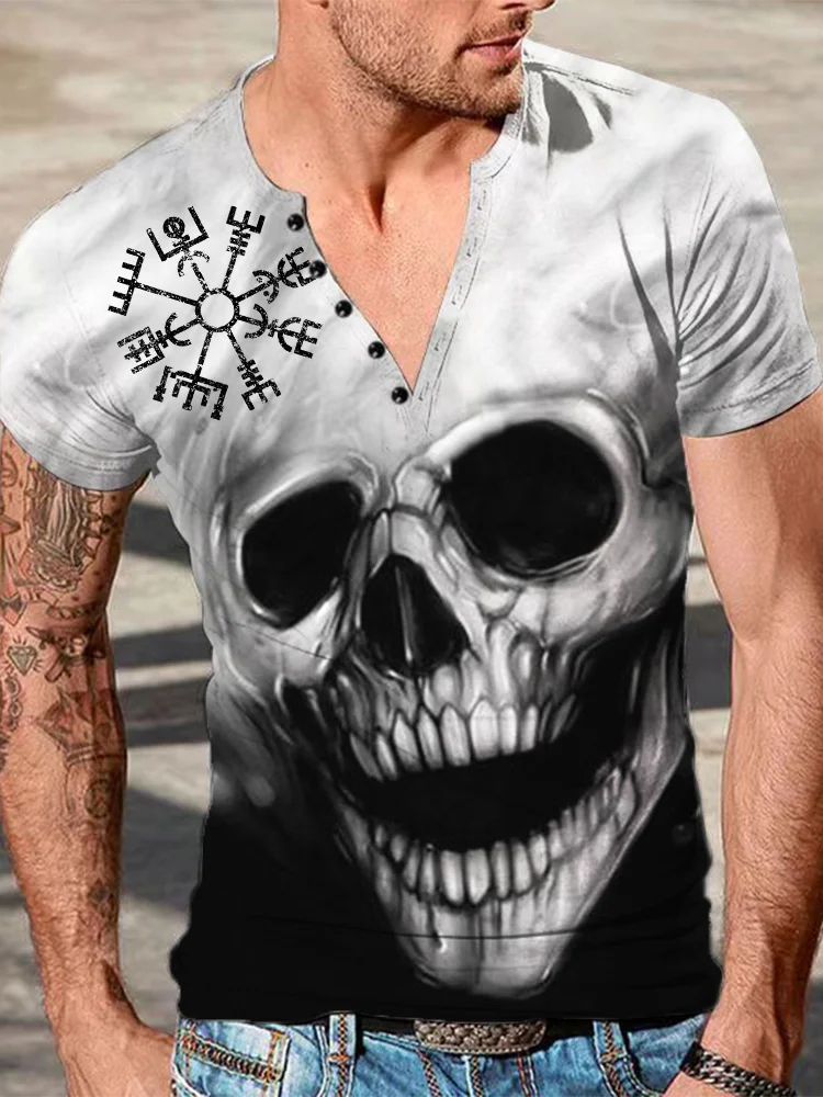 BrosWear Men's Viking Vegvisir & Skull Graphic Button Up T Shirt