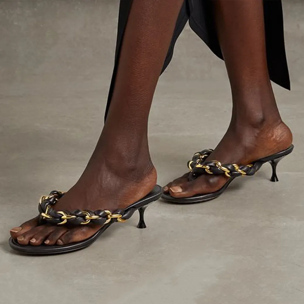 CC Black Lambskin Gold Chain Mules