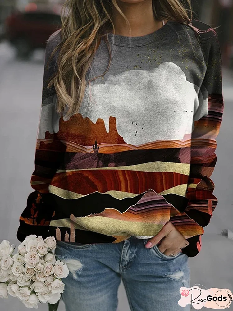 Brown Printed Shift Long Sleeve Shirts & Tops