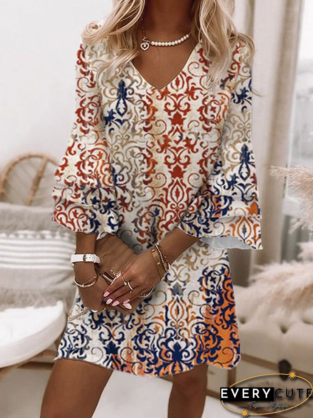 Ethnic V Neck Casual Dresses
