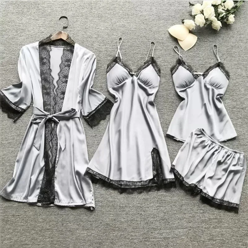 Uveng Uveng Woman Sexy Pajamas Four-Piece Korean Set Of Hanging Pajamas Women Homewear With Chest Pajamas Pajamas Pajamas 2103