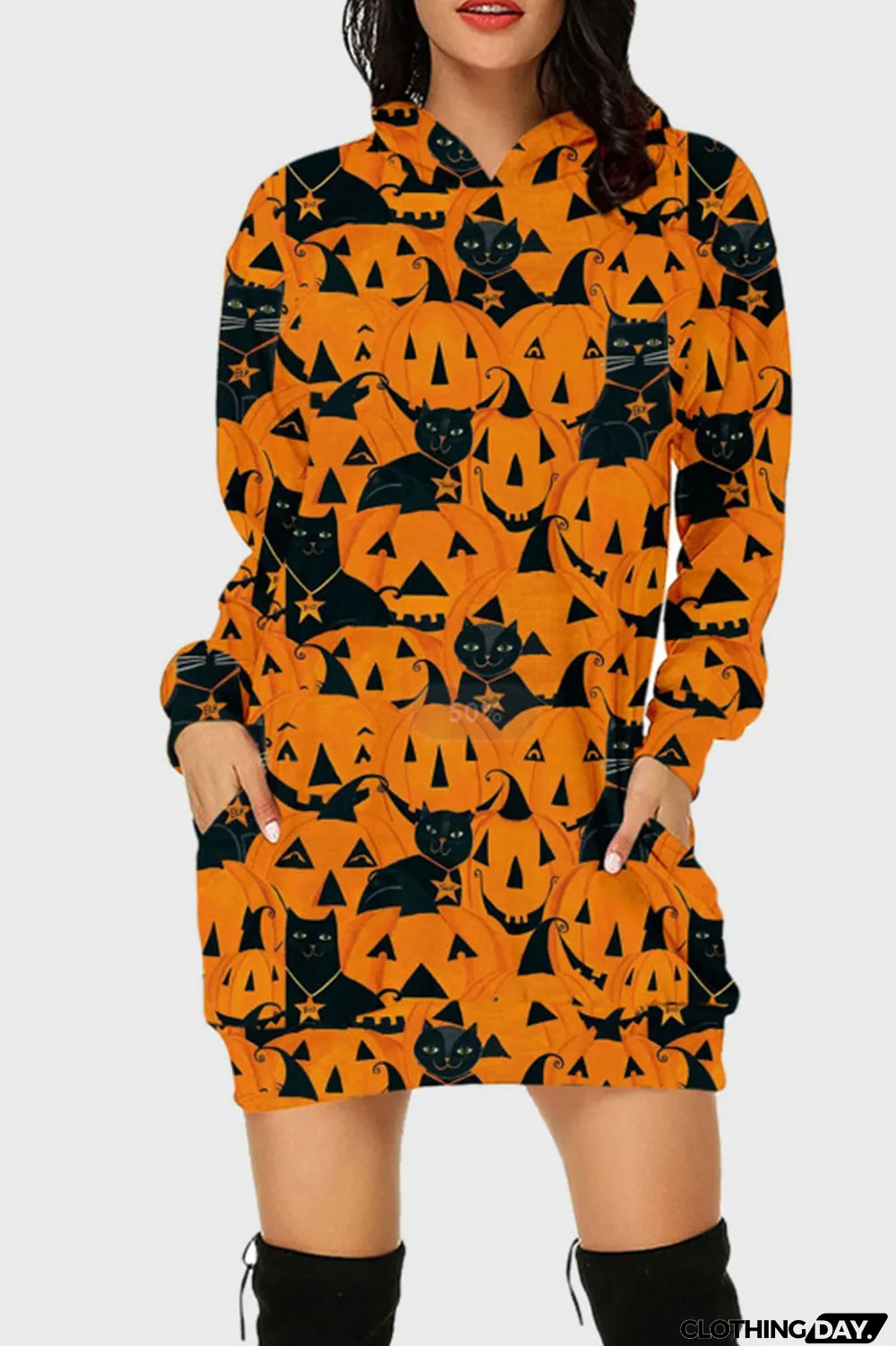 Black Street Print Split Joint Hooded Collar Long Sleeve Dresses