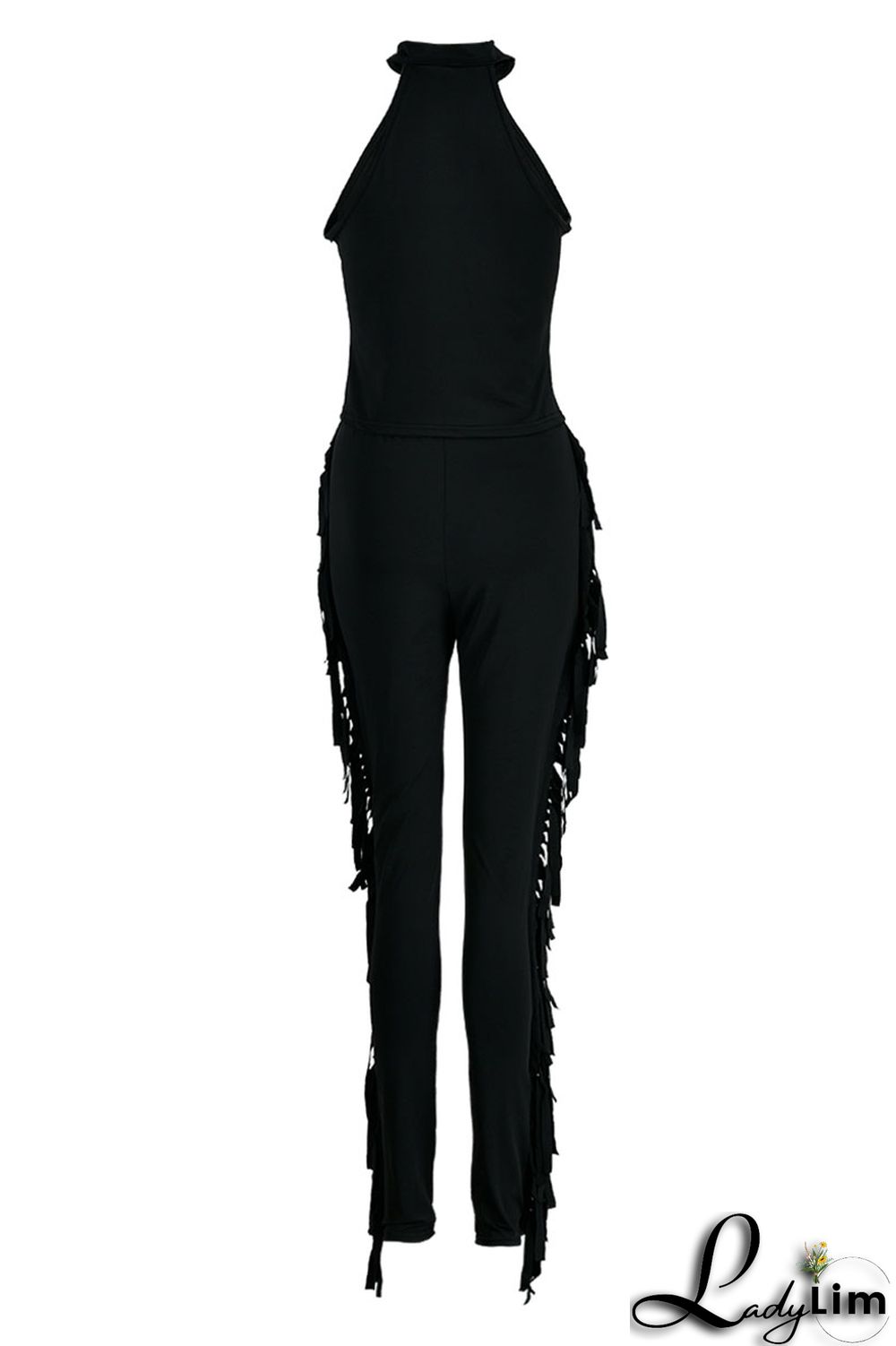 Black Fashion Casual Solid Tassel Patchwork O Neck Sleeveless Two Pieces