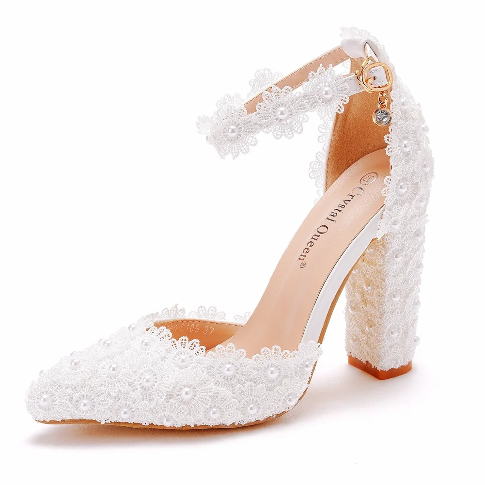 Breakj Breakj Cm White Lace Tip Hollow Women's Shoes Lace Wedding Dress Shoes Spring Coarse Square Root Tips Sandals