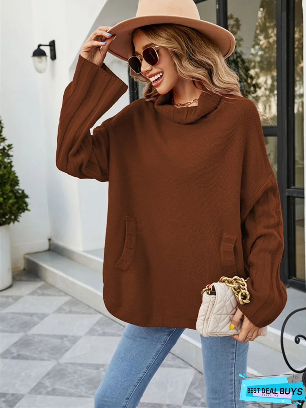 Solid Color Pullover Knit Loose Large High Neck Sweater