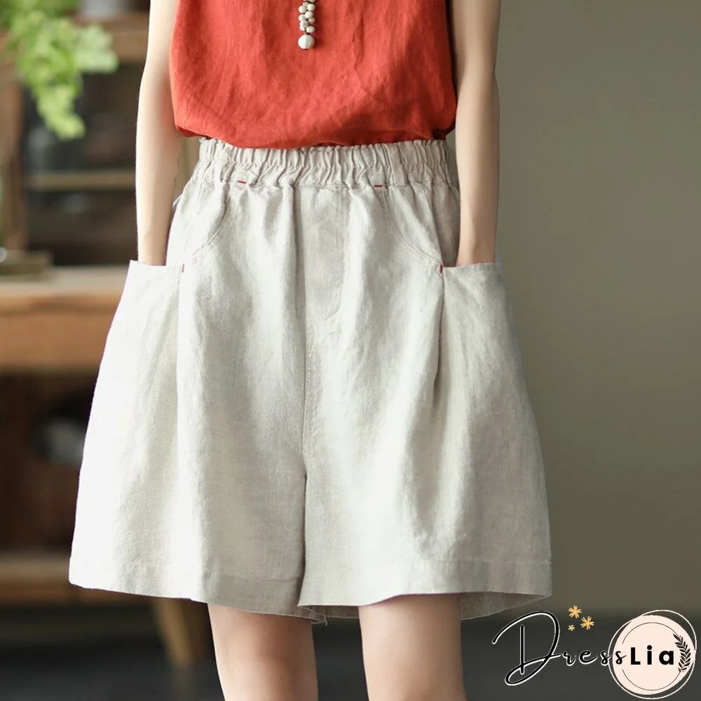 Summer New All-Match Pure Linen High Waist Shorts Elastic Waist Loose And Thin Wide-Leg Pants Casual Solid Color Shorts Woman