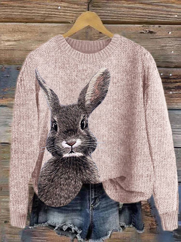 Cute Bunny Embroidery Art Cozy Knit Sweater wearshes