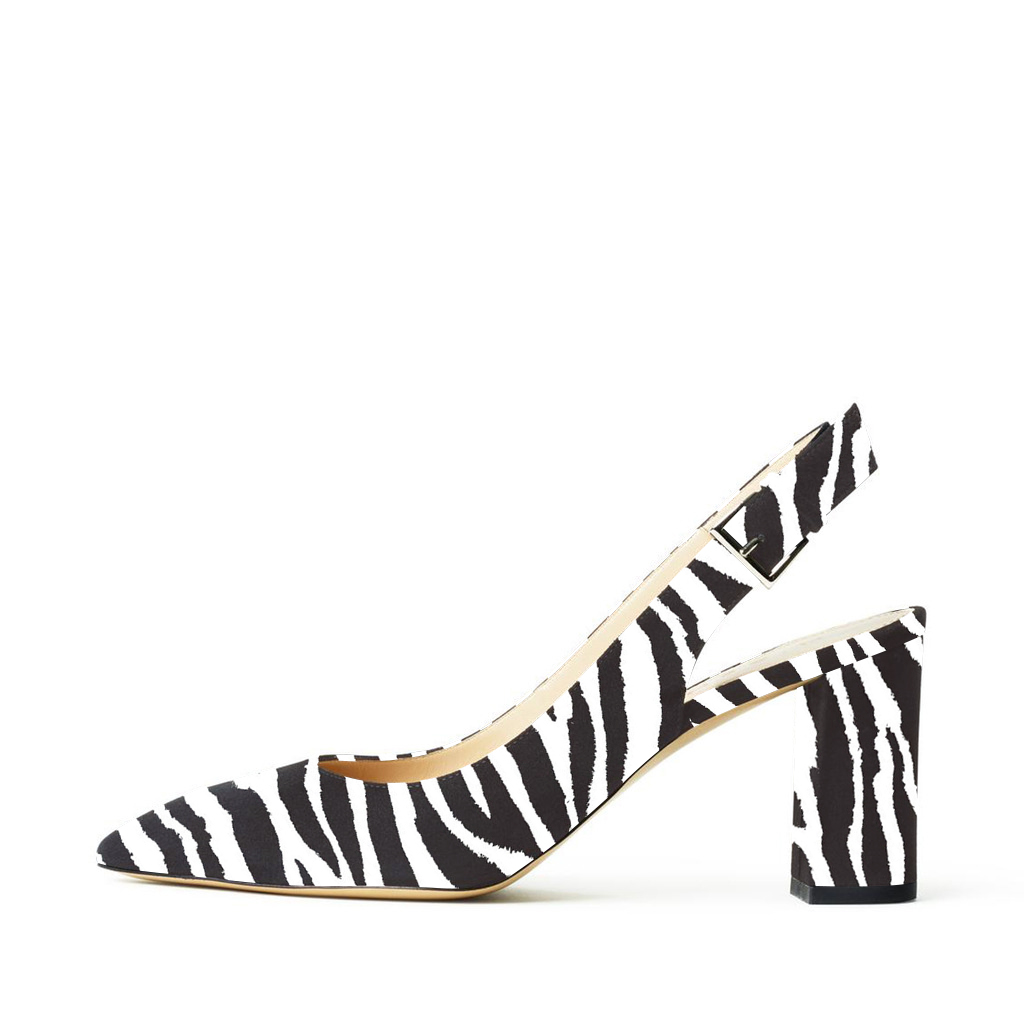 Black & White Zebra Print Closed Toe Chunky Heel Slingback for Office Nicepairs