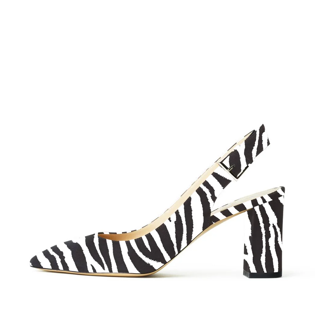 Zebra Slingback Pumps Chunky Heels Office Shoes Nicepairs