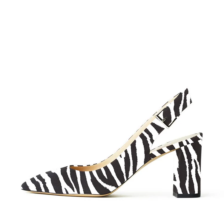Classic Black & White Zebra Print Slingback Pumps with Chunky Heels |FSJ Shoes