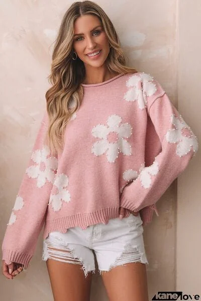 Flower Pattern Pearl Detail Rolled Slit Sweater